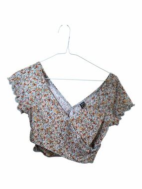 SHEIN White Floral Wrap Crop Top with Orange & Green Accents